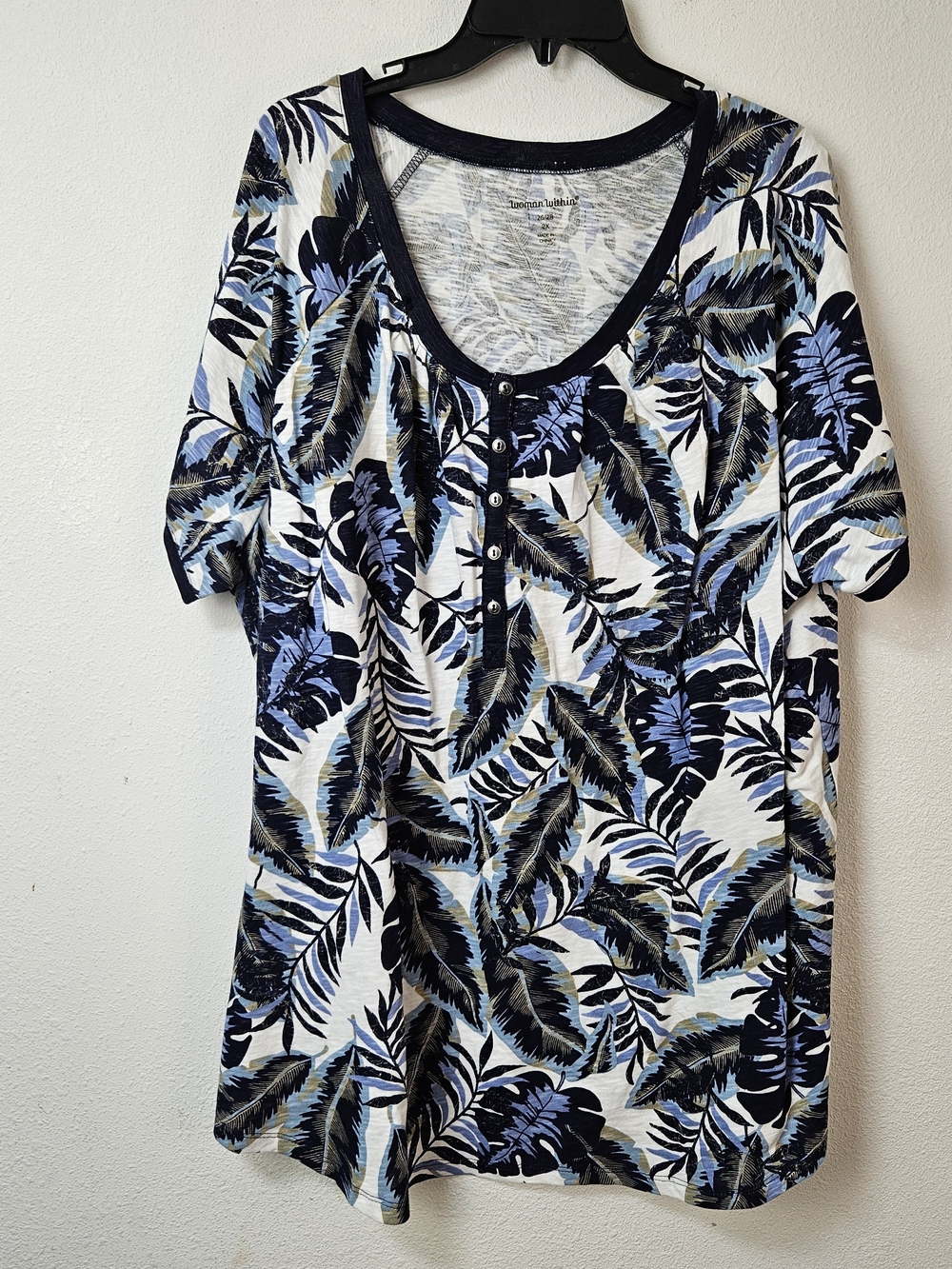 Woman Within Cotton Blue Leaf-Print Women's Henley Top Size 2X/ 26/28 NWOT